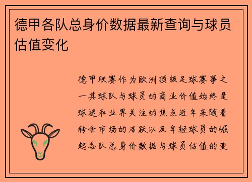 德甲各队总身价数据最新查询与球员估值变化